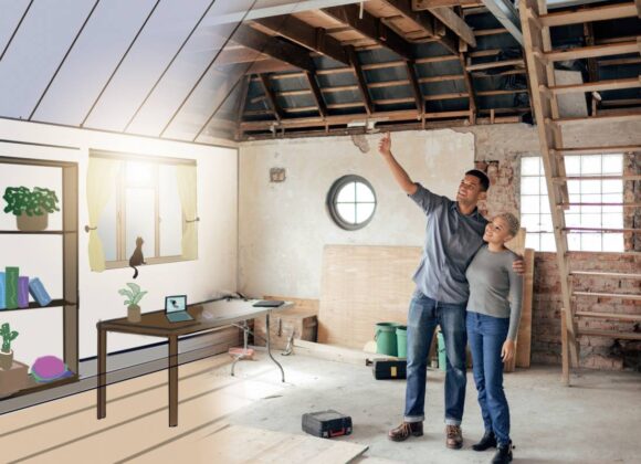 Couple, new house and renovation with interior design illustration talking, planning future and dre.