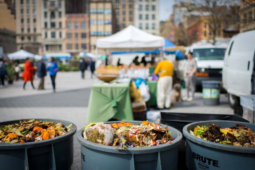 What are the best ways to reduce food waste? Trash bin full of food scraps to make compost - green waste